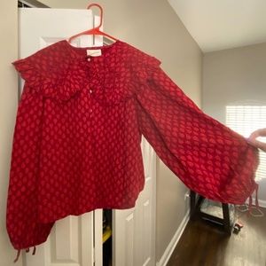 Red printed & Embroidered peasant top